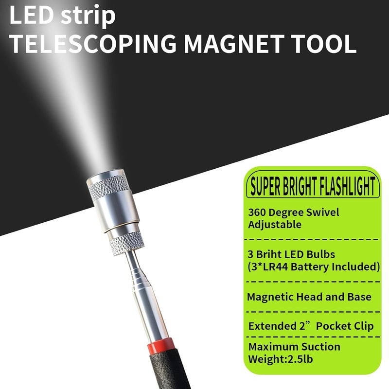 Ferropeak Telescoping Magnetic Pickup Tool Set, 2Pcs Round and Square Inspection Mirror Telescoping with LED Lights, 2Pcs Magnet Stick Best Gadgets Gifts for Men (Black, 4 Pack) - Image 4